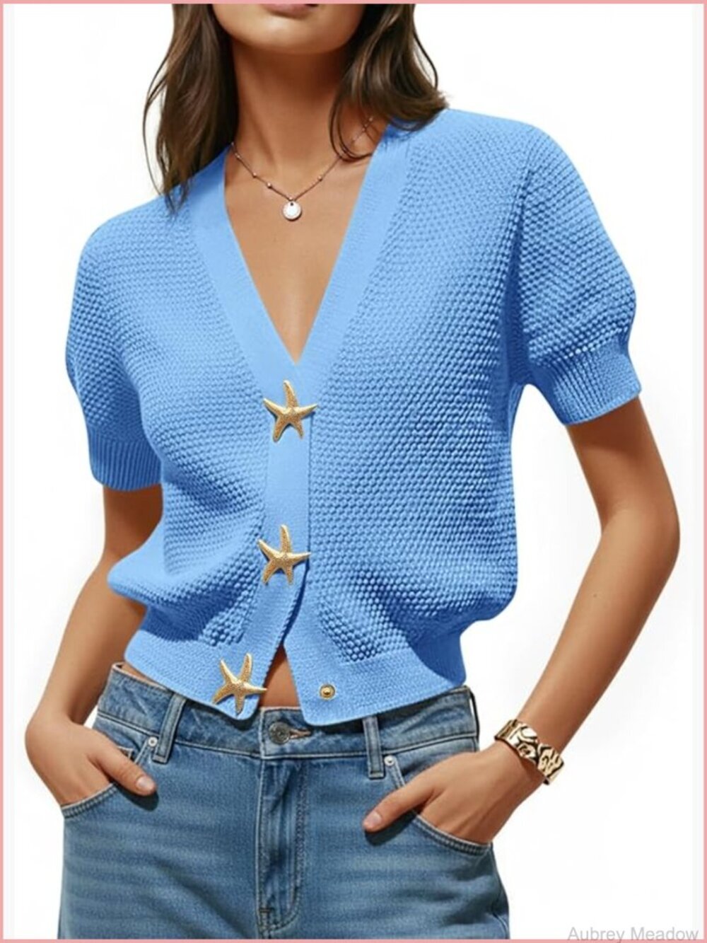 Puff Short Sleeve V-Neck Button Down Cardigan Lightweight Knit Summer Top
